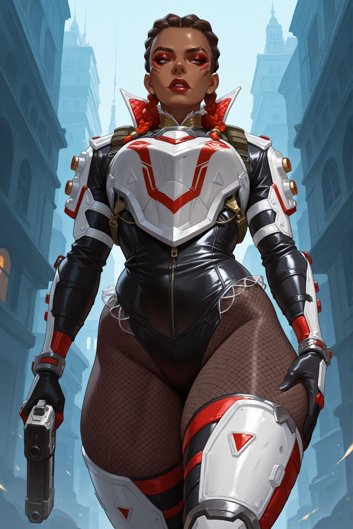 master piece, high quality, 4k uhd,hires,solo, dark skin, dark_red lips, (skin_bulging_through_fishnets:1.4), Loba_Andrade from apex legends, dark_brown hair, light_brown eyes, red eye liner, red makeup, realistic_waist,two tone braids , huge very thick thighs, mesh taimanin bodysuit, , armored bodysuit, White_armor, detailed_bulging_thighs, handgun, hand squeezing thigh, thick ass, walking, multiple angles