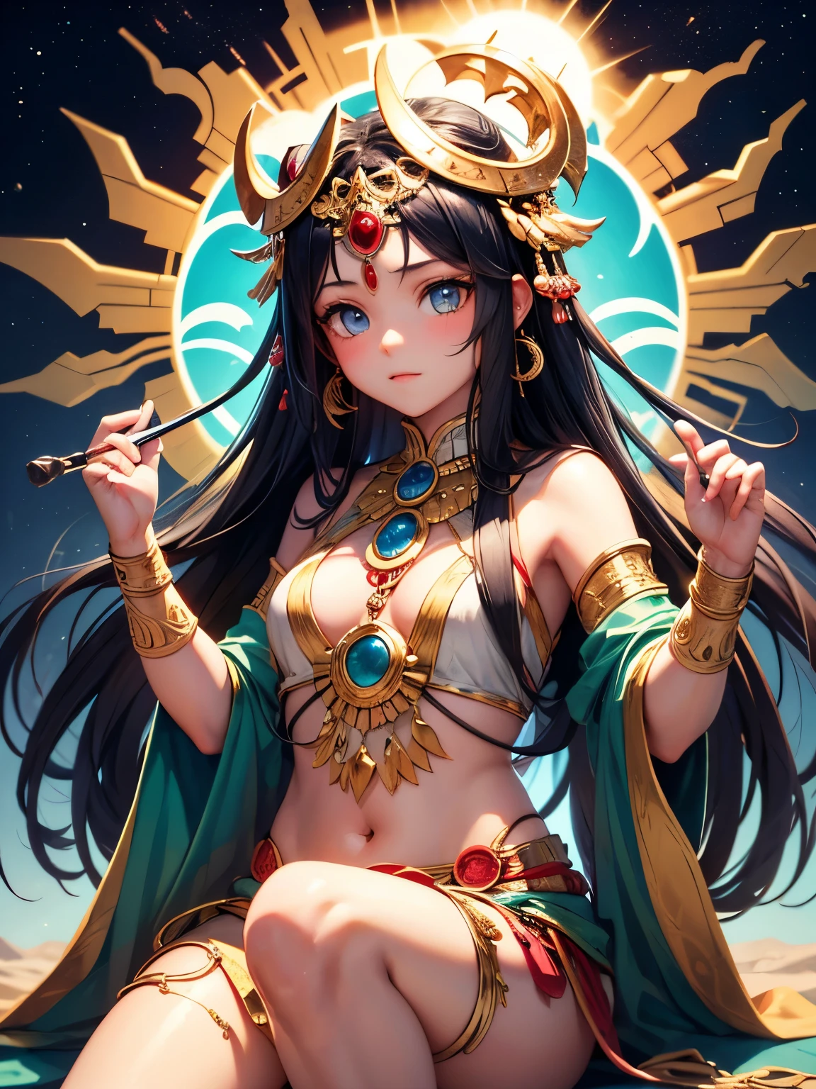 Anime Kawaii sexy Perfect Slim sensual body large breast and huge thighs, An intricate and highly detailed illustration of anime (Young girl). (((Aztec Goddess))) best qualityer, ultra-high resolution, Detailed CG in 4K, work of art, Coyolxauhqui ,moon goddess, aztec mythology, Aztec temple, Aztec clothing, natta, Mexico, aesthetics, Beautiful picture, centered on screen