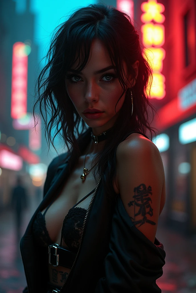 girl sexy Grabbing a cable and biting it, In a futuristic dystopian city, Behind a building with a large screen that says no signal, cyberpunk