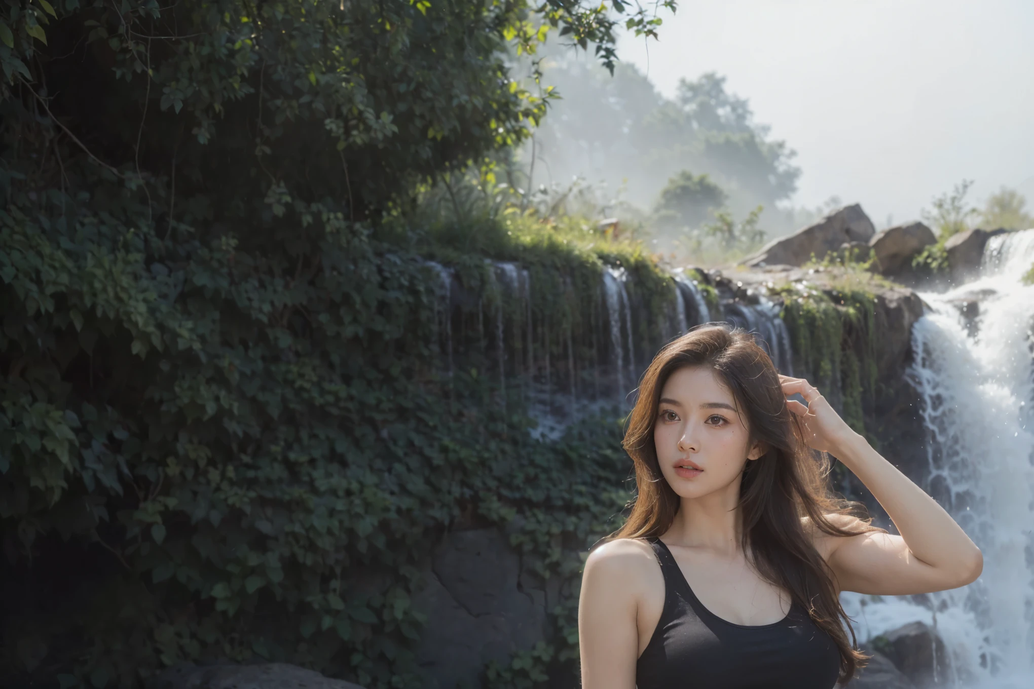 ( a age girl ), (Korean Girl), (, not looking at the camera), (be distracted), ((( regular size chest )), (eyes beautiful and detailed), (lips beautiful and detailed), (of very detailed eyes and faces.), (Realistic face), (long hair), (red caramel hair), (farrah hair), (black black black black black black black black black black black black black tank top with a deep neckline), (denim low-waisted shorts revealing the navel, very short legs revealing the hips), (Black long boots), ( Picture ), (, 18 years old), (sensual gestures), (sitting with turn her back), (inside a cave with waterfalls and water, stalactites, stalagmites, and moss.), (realistic light and shadow), (photos using a film camera), (Film color scheme), (Red Gradient, 4k, 8k, Very High Resolution, masterpiece: 1.2), (high resolution), (HDR), (UHD), (Red Gradient,4K,8k,Very High Resolution,Masterpiece:1.2), Ultra Fine, HDR, UHD,Studio, (before sunset) natural lightอ่อนโยน, evening moments before sunset, backlit, evening time, low light (natural light), (There is fog and steam), (nature light) ,