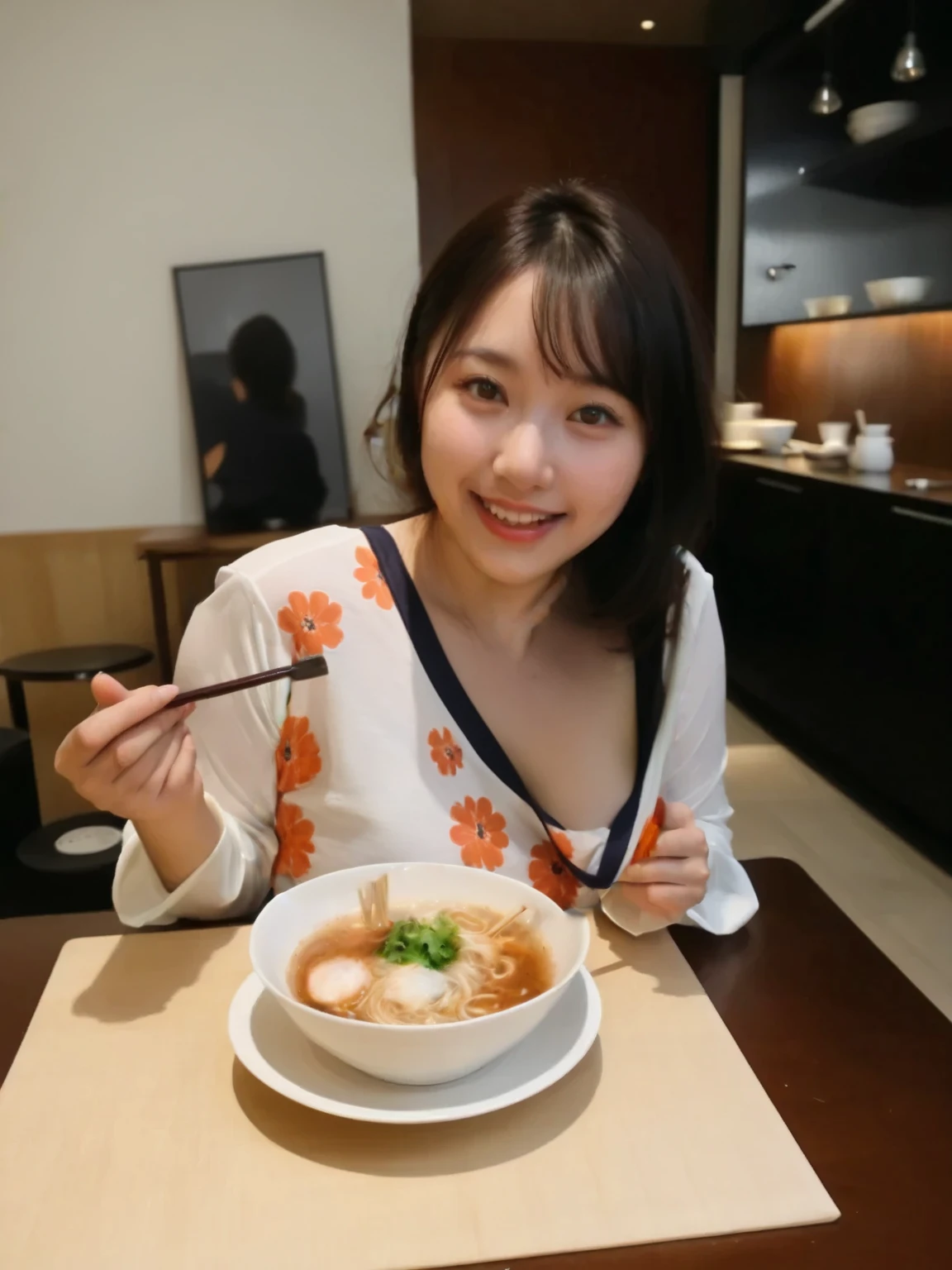 (high quality:1.2,ultra-realistic,Japanese woman:1.1,big breasts,cleavage:sensual,breasts:extremely large,sitting,eating ramen,big smile,happy expression:pure joy,short hair,beer mug on the table)、キャミソール、フーディー、ニット帽
