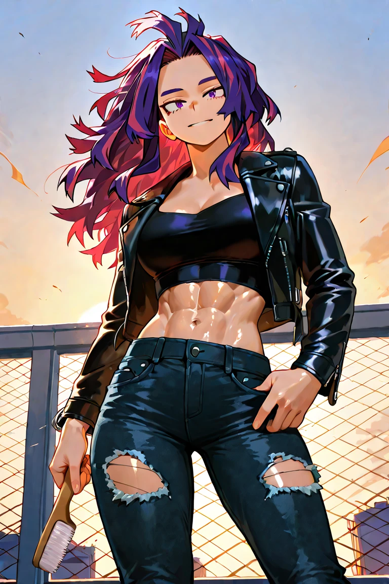 1 boy, single teenager, athletic body, somewhat stocky, messy burgundy neck-length hair, dark skin, tanned skin, green eyes, mole under right eye, somewhat athletic body, somewhat wide hips, black shirt, ripped jeans, leather black jacket, in a university, in a park