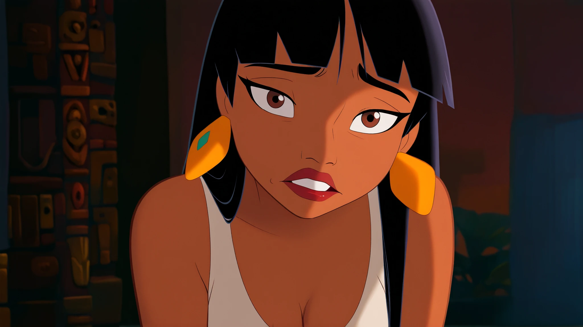 Masterpiece, high quality, very aesthetic, silly, single girl, calm, black hair, long hair, red bangs, brown eyes, dark skin, red lipstick, sleeveless shirt, cleavage, bare shoulders, earrings, portrait pose, sad, looking at viewer.