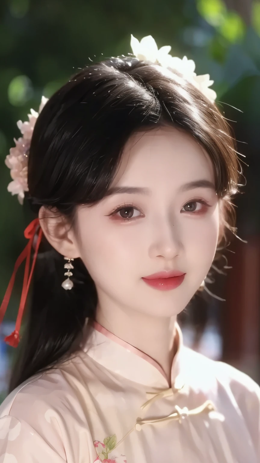 1 beautiful girl,Best Quality,(painting:1.5),Chest,torii,,depth of field, detailed face ,facial focus,ribbon_trim,(watching the audience:1.25),Smile,Thick lips,Real People,Blue cheongsam