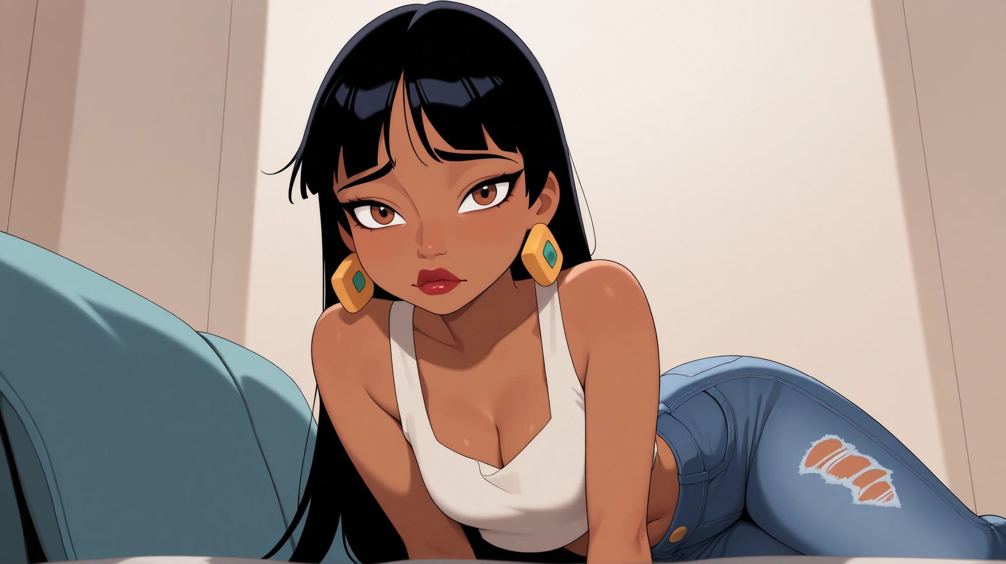 A masterpiece of art, high quality, highly aesthetic, absurd, one girl, chill, black hair, long hair, sharp bangs, brown eyes, dark skin, red lips, tubular top, cleavage, bare shoulders, earrings, sad jeans, looking at the viewer,