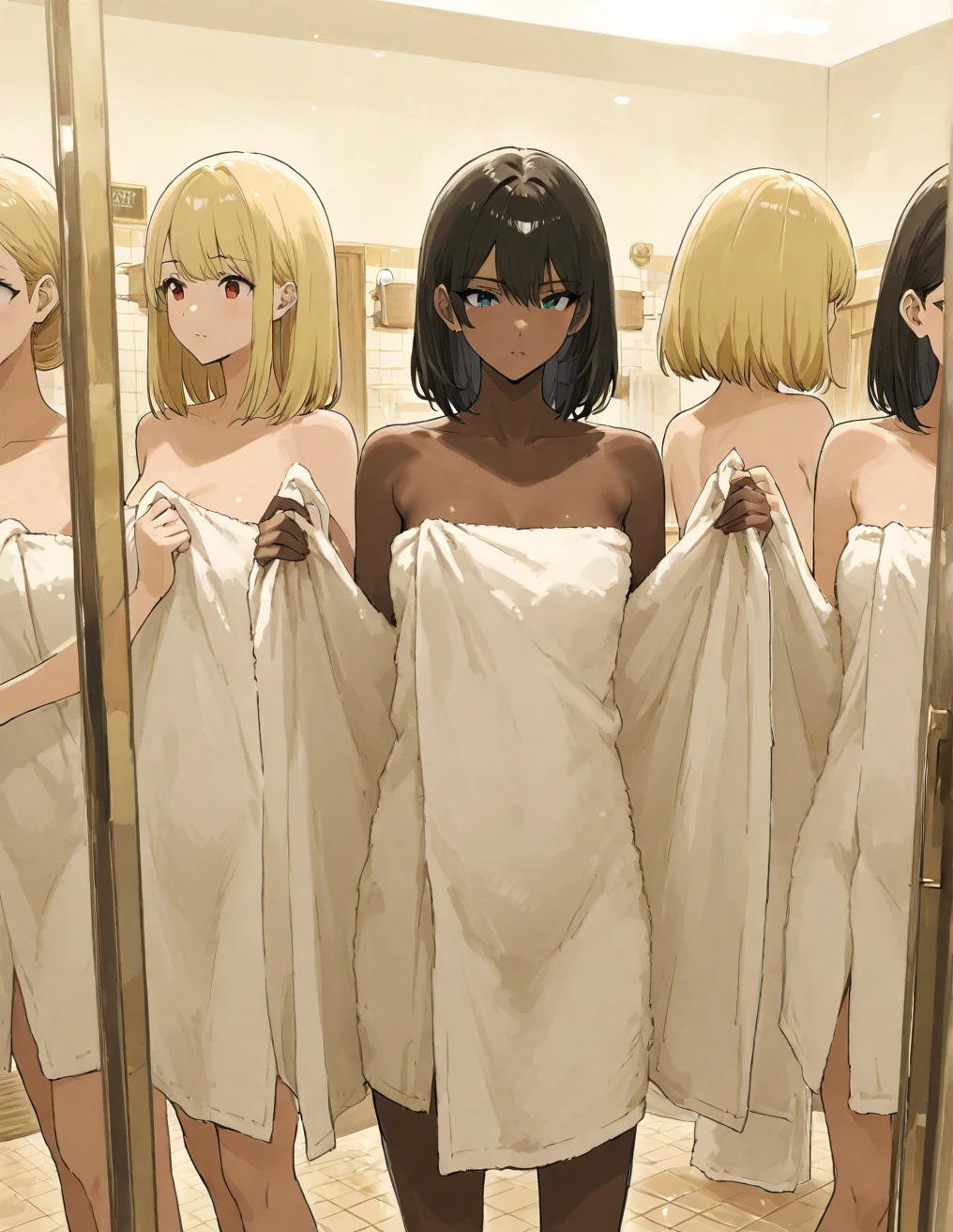 3 girls, 1 girl has pale skin, 1 girl has tanned skin, 1 girl has brown skin