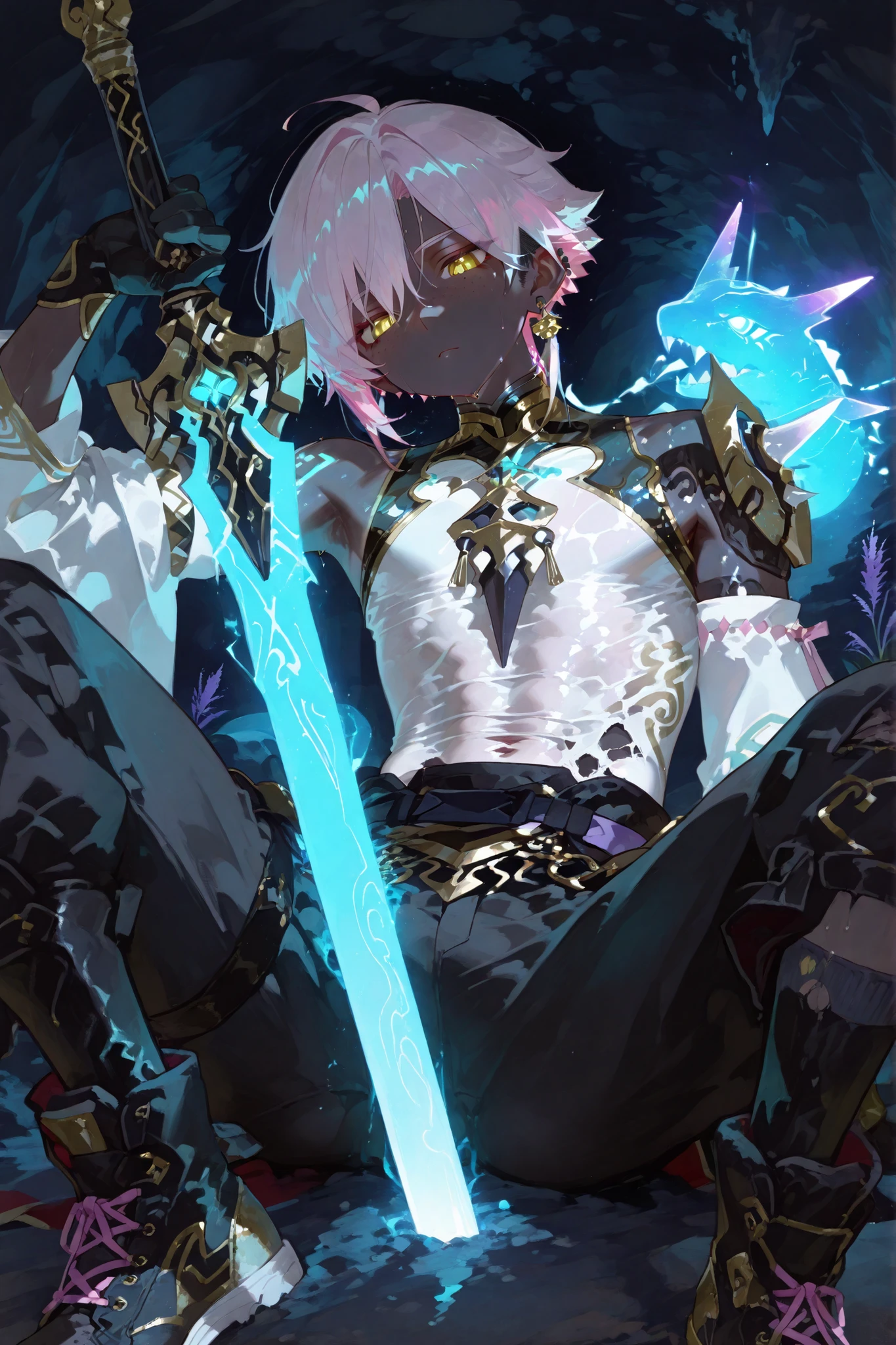 fantasy outfits, holographic, alternative-style. manly skinny tanned black skin boy mixed-race black skinned skinny young boy with freckles, glowing clear glossy wet shiny skin, short spiky lavender and salmon pink hair , black trimmed undercut taper sides and back behind hair, and gold bright neon eyes, baggy combat gi monk combat torn lavender trims shirt with black sleeves revealing abs and chest, boy gold trim, with cargo amored black cargo oversized baggy torned pants with gold accents and armor, anime-style, detailed and bright holographic, tone, in a fighting combat pose holding a obsidian purple and black big massive sword pose, very shiny skin, with lavender white torn socks with gold trims, fantasy holographic, combat high boot torn wrecked sneakers, in the cave vibrant background, very hot manly face, front view, Sweating alot. spread legs