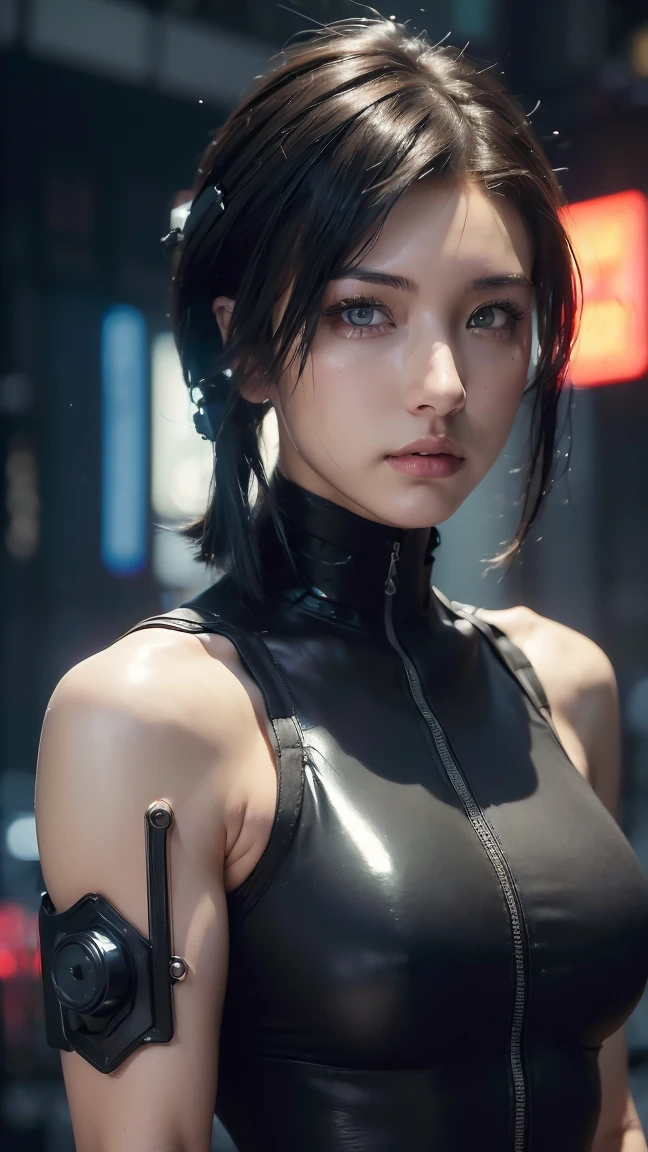 younger female,black hair color hair,Heterochromatic pupil,His face is stern,Wear black slim pants,Wearing a gray top and blue short coat