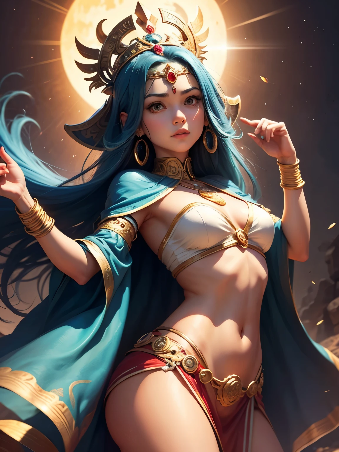 a gorgeous genie, 1 girl, long flowing hair, colorful and vibrant magical costume,