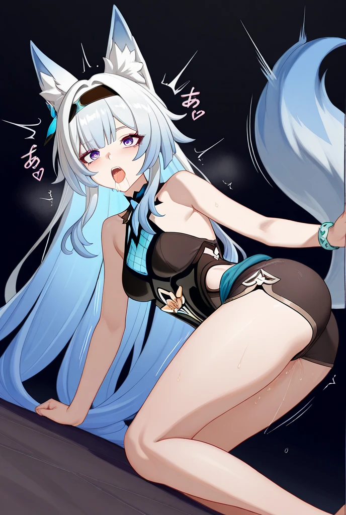 (Highest quality), (High resolution), (masterpiece), (Very detailed), Wolf Ear, Silver Hair, Long Hair, Bright Blue Eyes, One Girl, Silky skin, Shiny skin, Athletic build, blush, Heavy breathing, chest, Fully dressed in school swimsuit, Front view, Perfect composition, (Bright saturation), The corner of the desk is glued to his crotch, Standing on tiptoes, Dripping love juice, Heart Pupil, Expression of pleasure, Trembling with sexual climax, Heavy breathing