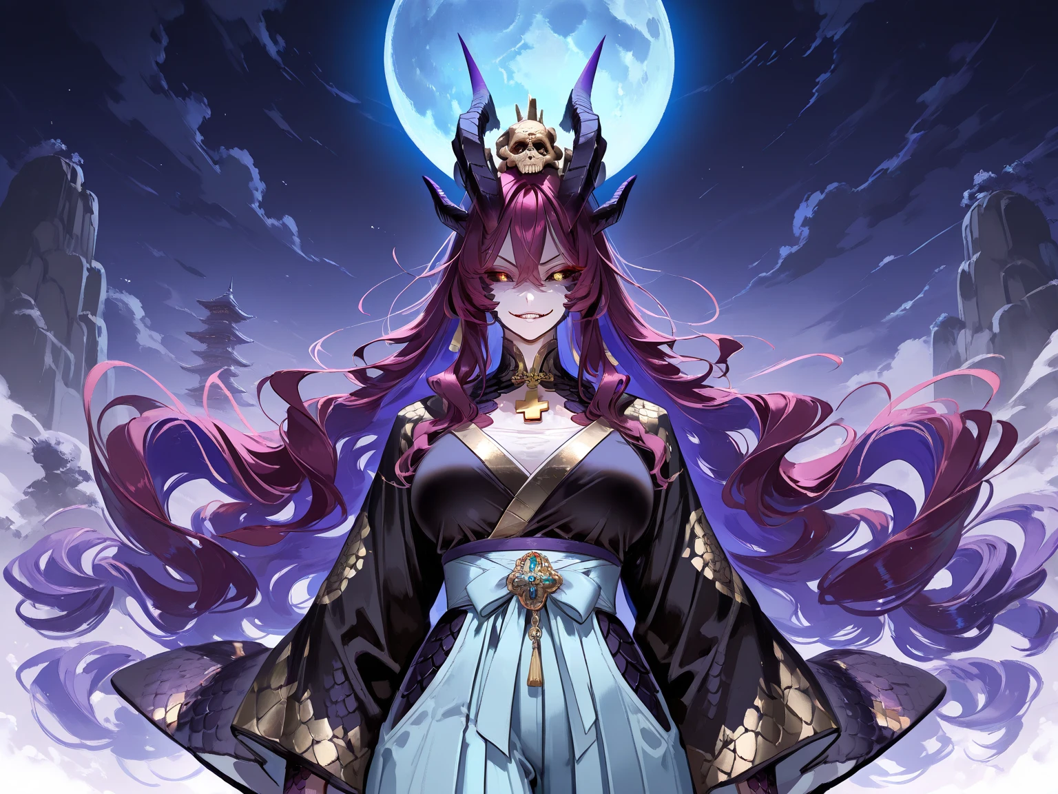 Lavender coloured hair, bright red Eyes, oni, wearing a old Chinese clothes, one hand on the, standing far from the camera, stars in the background with the full red moon, nobody else, long hair. sitting on a thrown, detailed eyes, anime, --auto