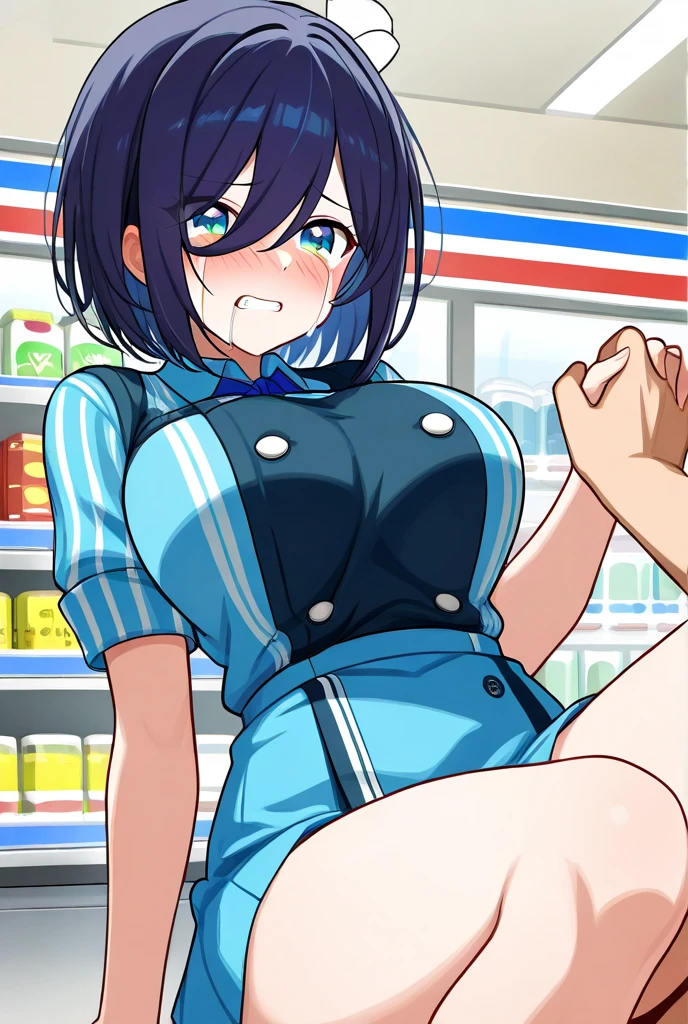 Haruna Sairenji, hair ornament, hairclip, (purple eyes:1.1), purple hair, short hair, swept bangs, (forehead:1.3),, empty eyes Running, wearing nothing, big anime eyes, , shiny hair, bare-skin, navel, the groin, BREAK in front of convenience store, large breasts、 Nipples, nsfw, nipple , Heavy snowfall, solo, Peeing, lactation, projectile lactation (Sweating profusely, Love juice, Wet Woman, female ejaculation)