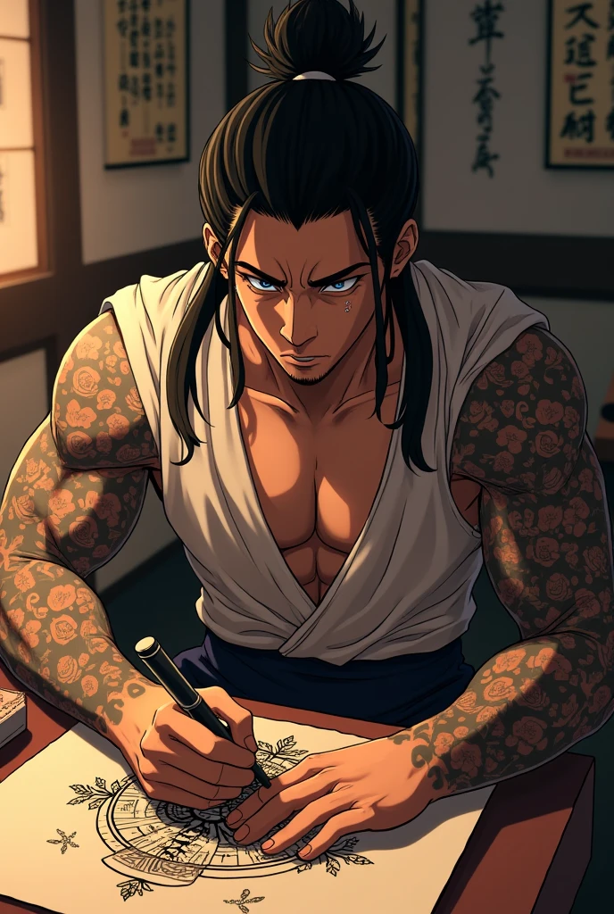 A 25 year old boy, long hair, black hair, lower lip piercing, black eyes, smile flirtatious, somewhat muscular body, tattoos, gay sex, pen, Semen, Semen en el trasero, being fucked,