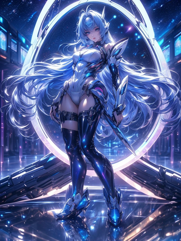 8K, Highest quality, (real:1.4), Original photo, 1 girl, Asari Hair, Biological Amplifier, Very sleek and futuristic armor, posture: Peace talks between warring factions,,attention arousal, smart blue eyes,A modest smile,Knee-high boots,Patent-look blue tights,Blue big moon and blue light swirl in the background,Blue light from behind,blue light magic,A small, glowing blue ball in the palm of your hand,Blue flame swirl,Blue Comet,Polished floor,