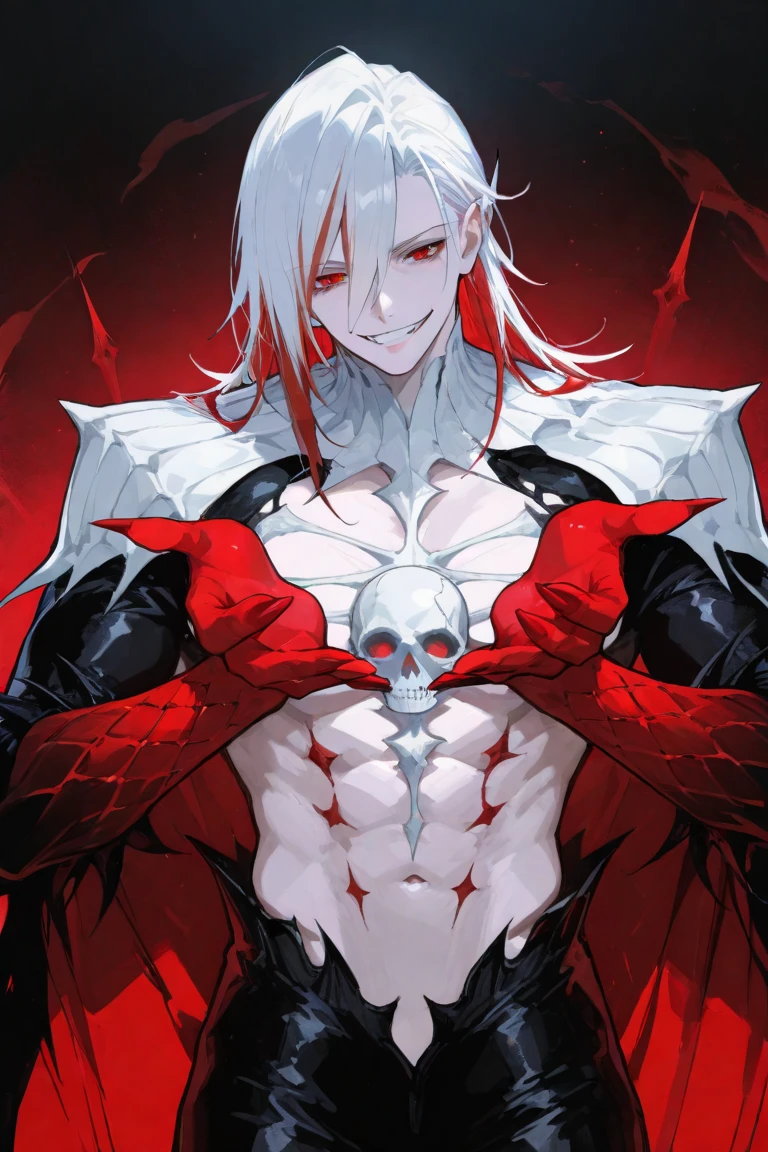 anime character with red eyes and a demon like face, villain wearing a red oni mask, overlord!!!, demon slayer artstyle, from overlord, beautiful male god of death, the former demon king, demon lord, epic anime style, emitting evil red aura, gapmoe yandere grimdark, demon male, 6 billion demons style, oni, evil god, cores fortes, cores saturadas (colorido)