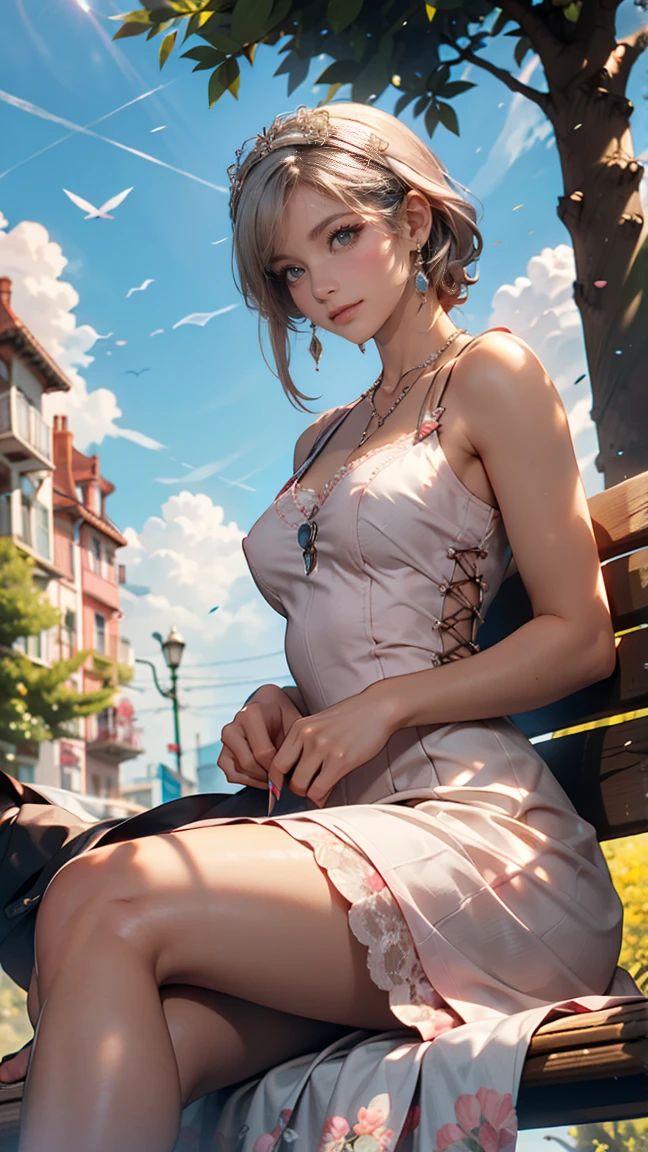 (ultra masterpiece), (Maximize highest quality:1.5), (Maximum highest beautiful digital illustrations:1.5), ((highest Realistic:1.5)), ((smooth, soft and clearly and most realistic skin and hair texture)), highest beautiful detailed eyes:1.5, (maximum resolution), UHD:1.5, 16K, 1080p, 10 million ppi, 300 million dpi image, beautiful background with depth of field, the most beautiful natural light, rule of thirds, ((maximizing all effects and expressing it in the ultimate quality)), 1woman, sexy, 25years old, beautiful face sharp, elegant woman, Ultimate perfect body style, beautiful beautiful big breasts, Maximize upturned breasts, green eyes, shiny blonde hair, short hair, bob cut, (eyes visible through hair:1.3), glossy very thick lips, pink lipstick, smile:1.5, A summer dress with a wide-brimmed hat, a necklace, earrings, and a bracelet, in refreshing colors, with vibrant hues, detailed with stripes, made of linen, cap sleeves, ankle-length, with an empire waist, tiered skirt, and a scoop neckline, featuring ruffle details, with buttons down the front, and a matching scarf, Sitting in a park with many trees, in front of a huge fountain, with the wind blowing,