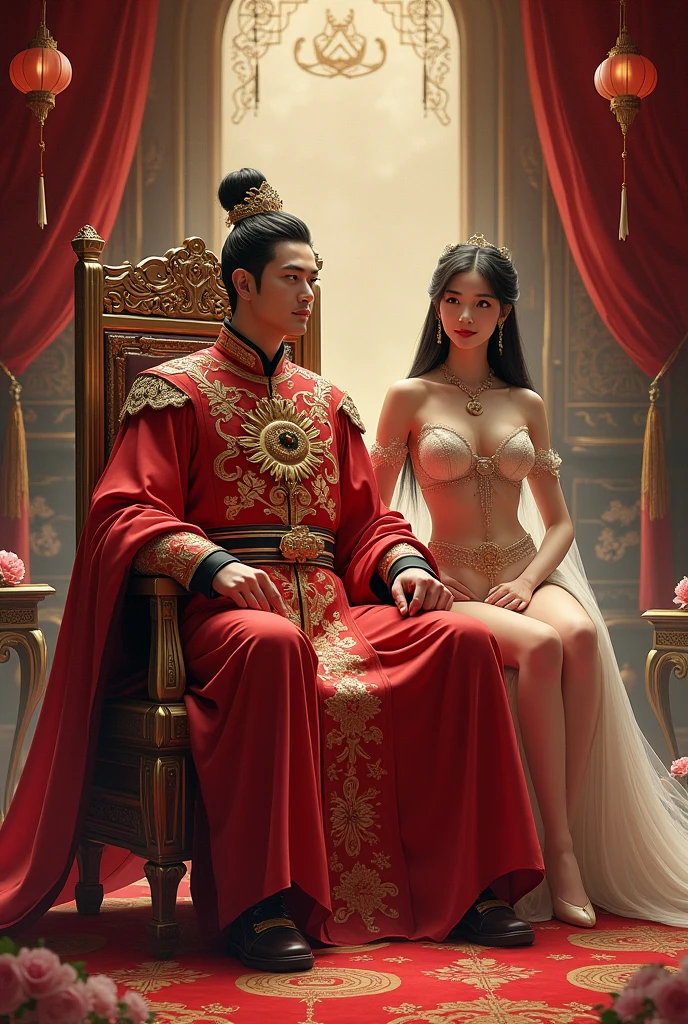 (couple cuddling) rough man Zeus muscles naked, beautiful, sexy, bare breasts, cleavage, bare legs, see-through, standing, hanfu, wet, clear, realistic, highest detail, Chinese mythology, dragon pattern, phoenix, sacred, holy, golden mountains, heavenly palaces, countless palaces, clouds, golden light, golden lotus