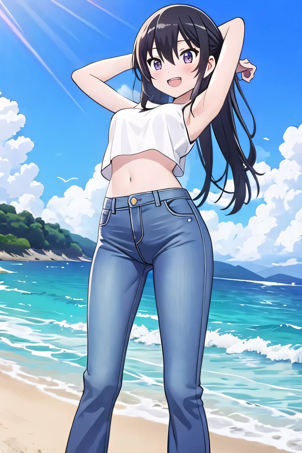 score_9, score_8_up, score_7_up, BREAK, score_9, smile, lifeTif, red eyes, black hair, low-tied long hair, baseball cap, earrings, see-through, wet t-shirt, black bikini, front-tie top, midriff, side-tie bikini bottom, grey skirt, jeans skirt, looking at viewer, cowboy shot, ass, from behind, sky, beach