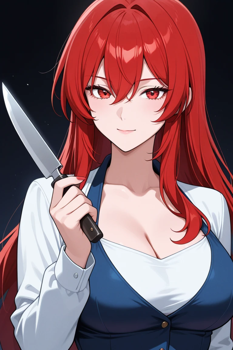 A pale skinny girl with red messy hair, in a ponytail, in a red long dress, large breasts slim butt holding a knife, smiling