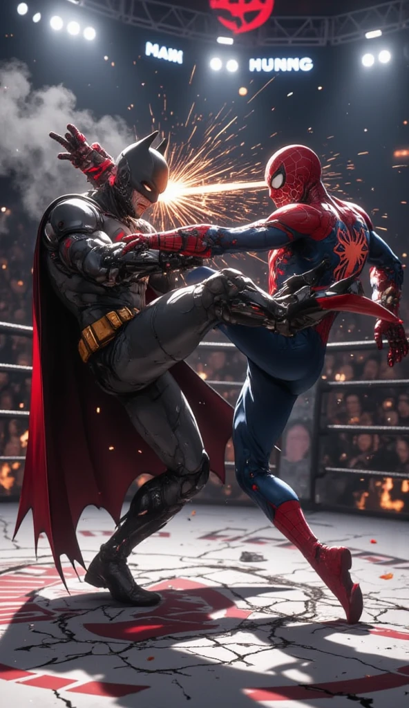 The Turning Point:
Prompt: "Spider-Man using his web-shooters to ensnare Batman's feet in a boxing ring. Batman is momentarily trapped, struggling to break free. Spider-Man is delivering rapid punches to Batman’s midsection. The scene captures the moment of Spider-Man’s webbing entangling Batman and the intensity of the fight."