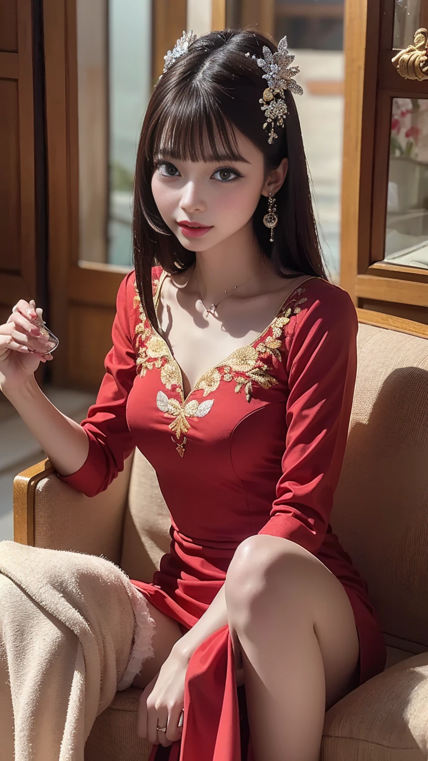 (8K, highest quality, masterpiece: 1.3), (realistic, photorealistic: 1.4), ultra high definition, (ao dai), (red clothes), (japanese female), (high-definition cute face), (large breasts), brown hair, ponytail hair, professional lighting, (closed mouth: 1.2), blush, smile, lingerie