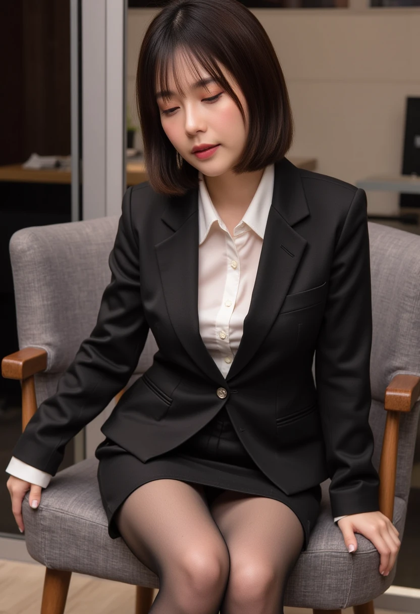 table top, highest quality, figure, super detailed, finely, High resolution, 8k wallpaper,short hair、 完璧なダイナミックな構figure, beautiful and fine eyes, business suit,natural color lip, smile、18 year old girl,Wearing black tights and stockings、plump thighs、shortcut
