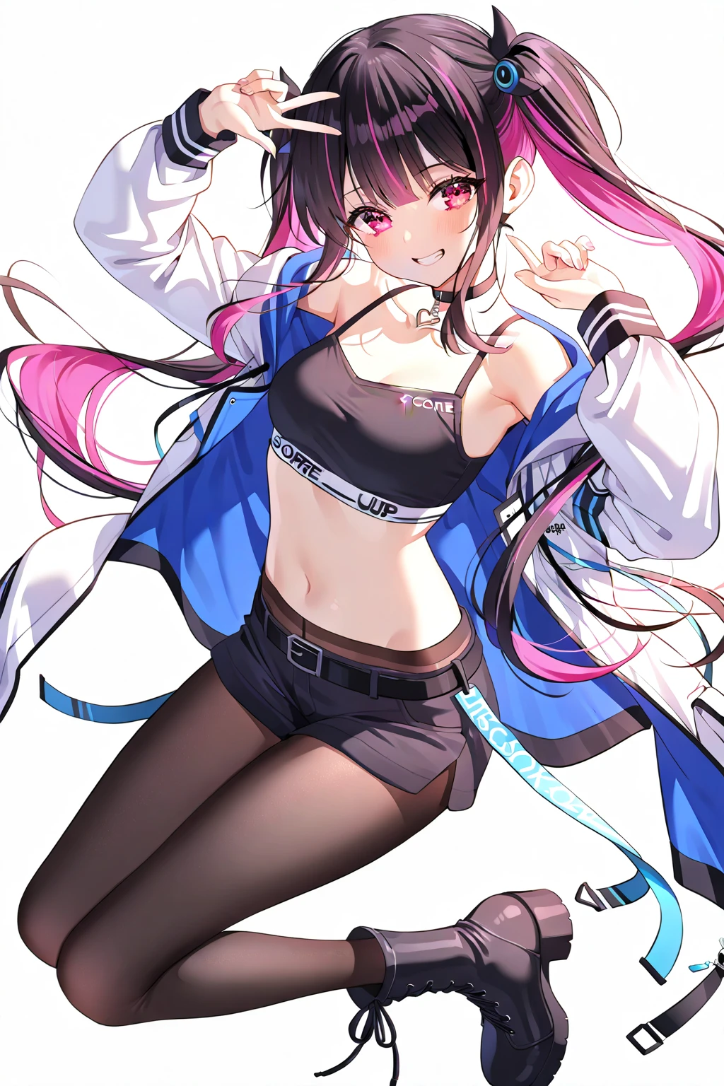 colored inner hair, twintails, ribbon, anime, UHD, (textured skin), best quality, ((super detail), High school girl, sport bra, mini skirt ((Windbreaker)), collarbone showing, crew neck , full body, shot near