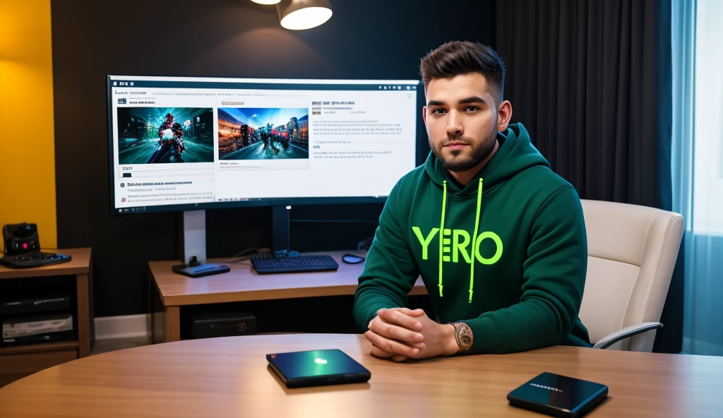 there is a man standing in front of a computer desk with two monitors, linus tech tips, linus from linustechtips, twitch streamer / gamer ludwig, twitch streamer, in front of a computer, streaming on twitch, headshot profile picture, profile picture 1024px, flying ships in the background, irish youtuber, acecombat, tyler west