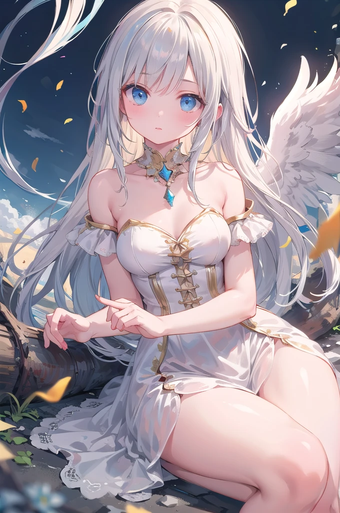 ((best quality)),((masterpiece,)),(extremely_detailed:1.5),official art,(frilled_dress:1.5),(detailed_hemline:1.6),(fractal_art:1.5),((best illustration)),(mysteriouantastic_forest:1.5),(large_leaves:1.5),(dreamlike:1.2),fairyland,an extremely delicate and beautiful,(((shine))),((best shadow)),(((detailed light))),sea_of_flowers,(1girl:1.5),(solo:1.5),,kneeling,praying,(((white S/R gold hair))),disheveled long hair,cyan eyeright_pupils:1.5),(sparkling eyes:1.5),flowerultiple halos),(((white lucency detailed dress))),(((cleavage))),(full_shot:1.5),flowers meadows,backless_dress,(panorama:1.5),bouncing breasts,(eye-contact:1.5),hair flower,pointy ears,microdress,