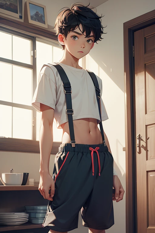 Teen boy 14 years old, boy wears a crop top and too very short shorts,
