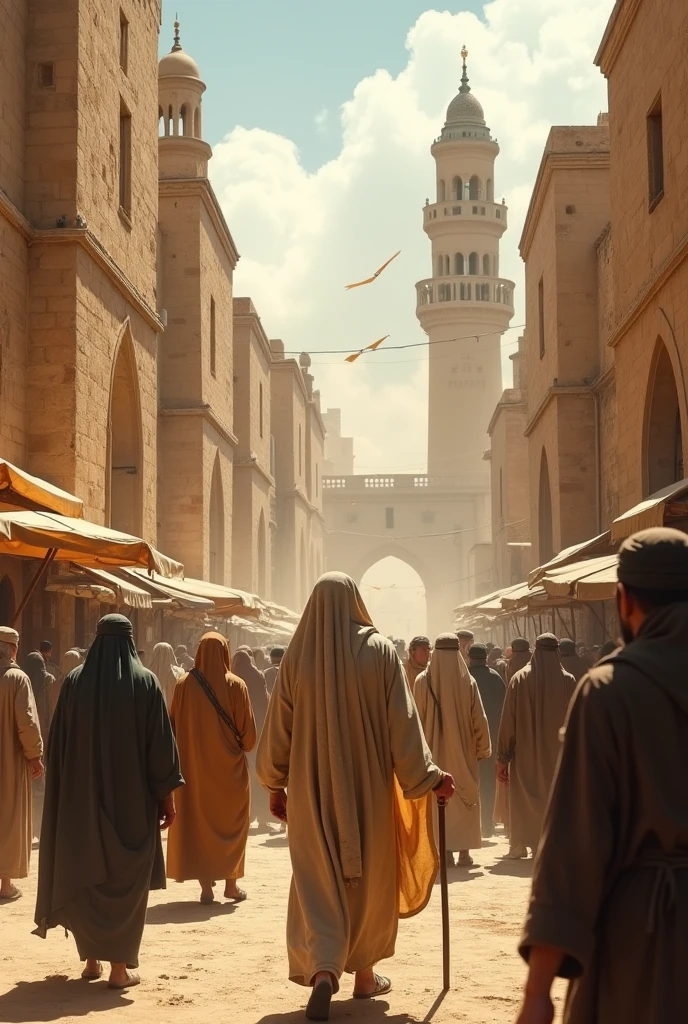 al: A historical scene of Mecca, with traditional architecture and people in historical attire, showing a serene and bustling environment. The Prophet Muhammad (PBUH) is depicted walking calmly through the streets.