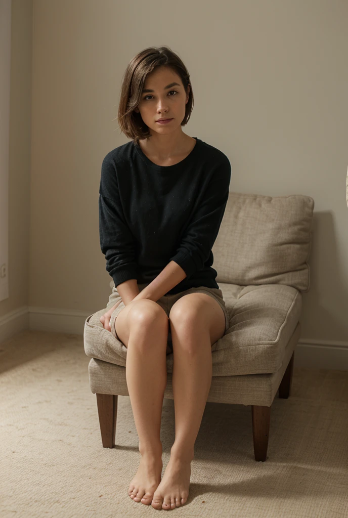 mbb, millie bobby brown, portrait of American girl, happy, wearing sweater and a pair of grey panties, perfect bare legs , with Bob , seduce pose, sitting in living room with morning light coming into dark room, holding a cup of tea,(photo, studio lighting, soft light, sony a7, 50 mm, matte skin, pores, colors, hyperdetailed, hyperrealistic), avoid bad body, avoid multiple limbs