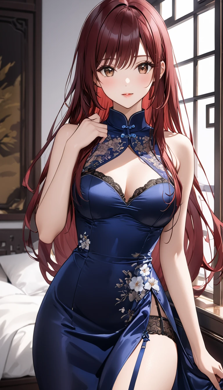 (masterpiece, best quality: 1.2), high resolution, high quality,cute 1girl, very long dark red hair, blue eyes, long dress covered in glitter
