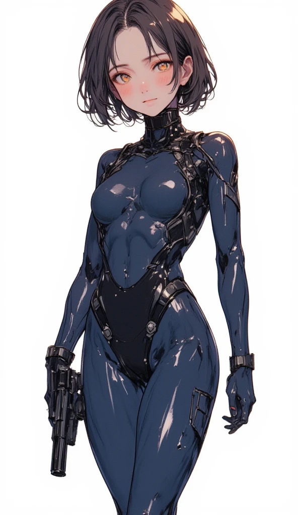 (high resolution, pixel perfect, gorgeous illustrations), (hyper quality, muste piece, etheric: 1.4), (((cowboy shot))), ((1girl)), (female savage), woman, bitch, (((sexy pose))), cool atmosphere, black hair, (((((very short hair, slicked_back_hair))))), Exquisite face, ((aroused, vulgarity)), blush, (((((((muscular_female))))))), (thick thighs, wide hips, Big breasts that are about to burst), fighter, (((wh_chi_armor))), (breast_plate), black bodysuit, erect nipples, (((((cameltoe))))), high heel boots, (((scars on body))), shiny skin, gleaming skin, sweat, simple background,