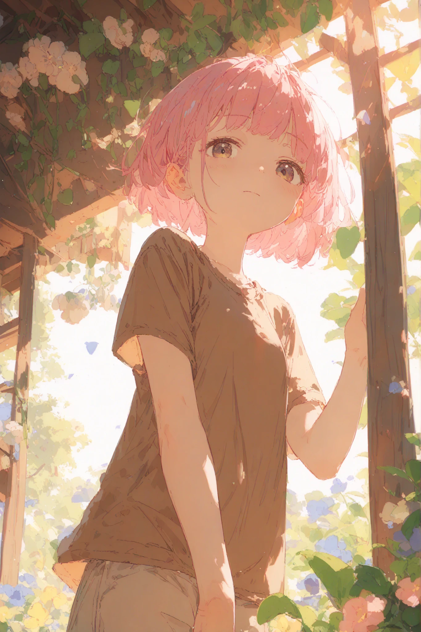 girl, tenderness, ease, pink hair, very short hair, very short hairstyle, brown sleeveless t-shirt, brown tank top, background: blooming flowers hang from the arch, flowers hang, warm lighting, bottom view