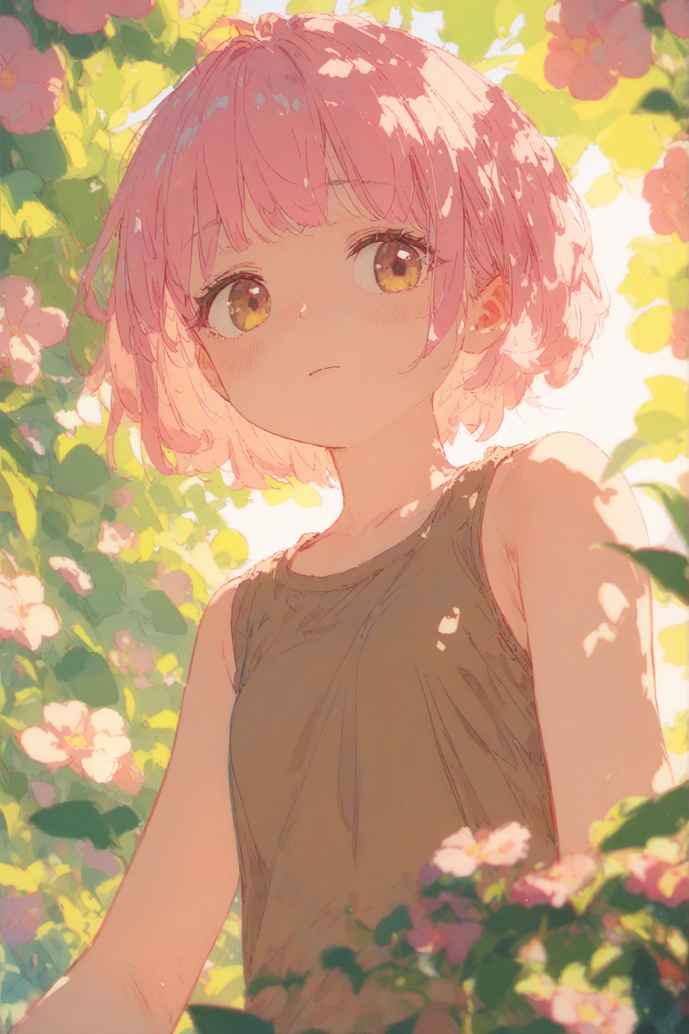 girl, tenderness, ease, pink hair, very short hair, very short hairstyle, brown sleeveless t-shirt, brown tank top, background: blooming flowers hang from the arch, flowers hang, warm lighting, bottom view