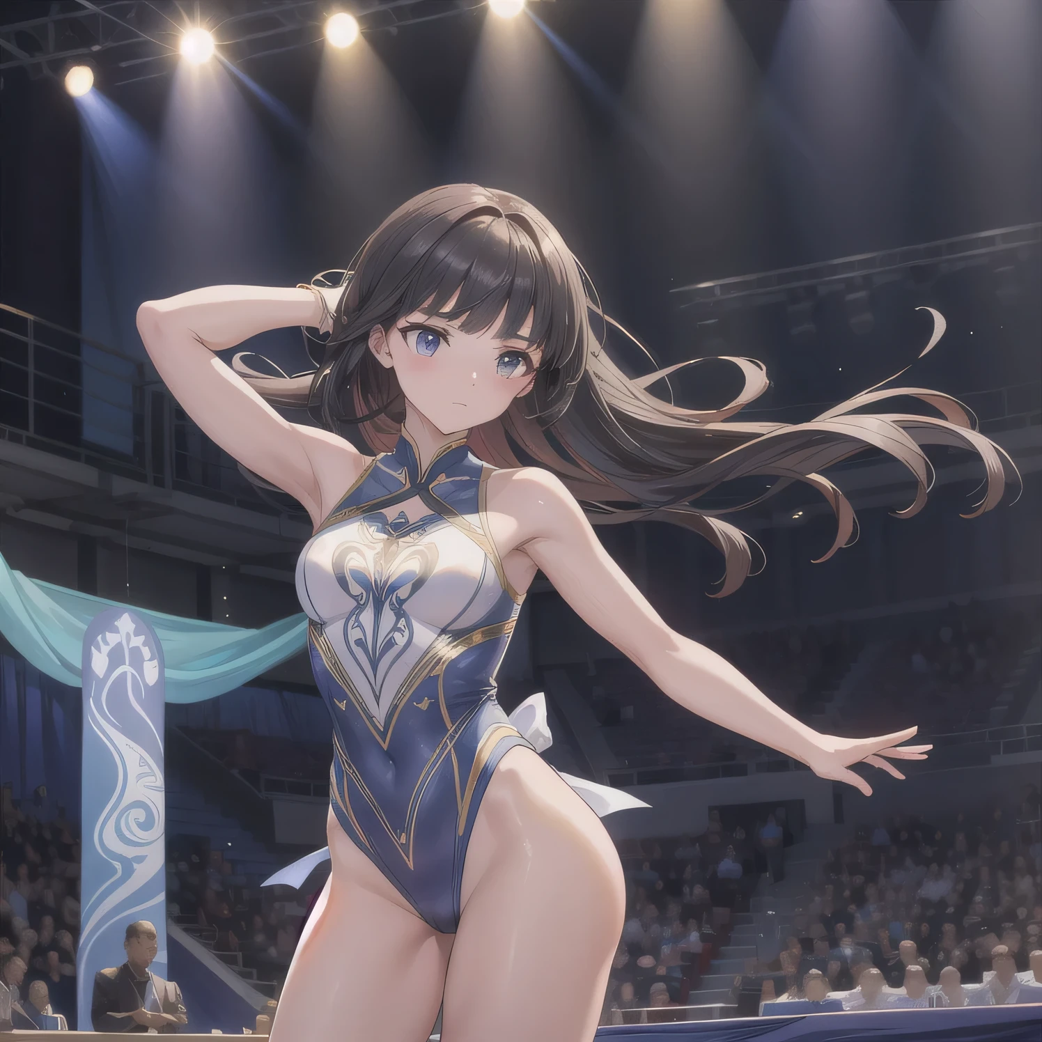 Top Quality、extremelydelicateandbeautiful、The 、small tits、11yeard、(Dair)、Blue Micro Bikini、(ponie tail))、(white hairband)、(Brown boots)、Blue Eye、are standing、smile on face、The background is professional wrestling、Audience seats、Large number of spectators、Crowd Circle View、are standing、Professional Wrestling Shoes