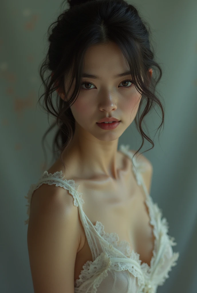An elegantly dressed Japanese woman in natural light、A close-up of her chest and calm expression.、It shows her inner peace and outer charm.。 naked