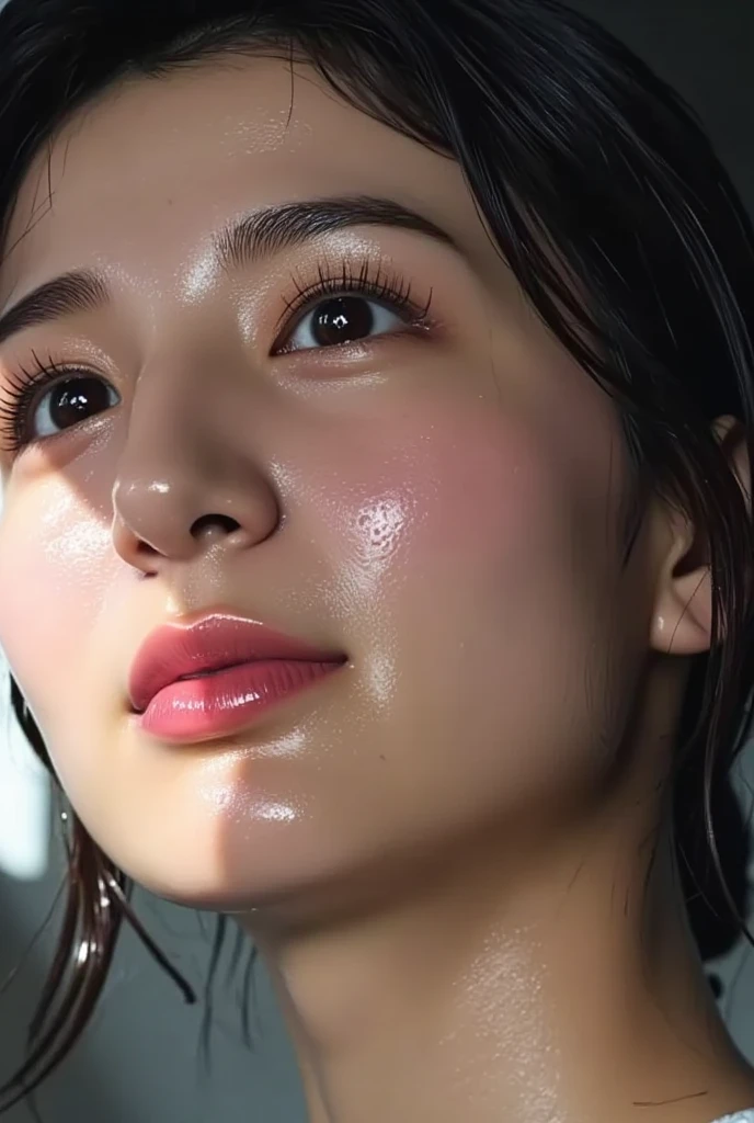 Photorealistic, Surreal, Cinema Lighting, 32k, 1 Girl, look up, Backlight, (Bright light:1.2), (Improvement of quality:1.4), (Highest quality realistic textured skin:1.4), Fine grain, Detailed face, short hair, M-foot, Cowgirl, From below, Sweat, Wet, (Enhances the beauty of skin texture:1.1), Matte texture, blush, Open your mouth, Roll your eyes, tears, Sticking out tongue, saliva, saliva trail, Part your lips, Captivating smile