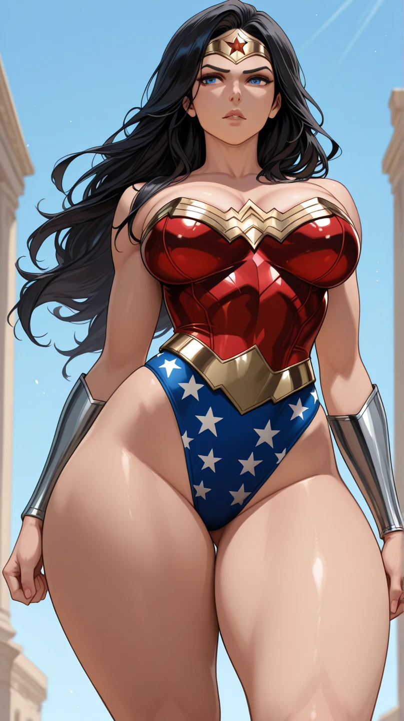 1girl, Wonder Woman, breasts, from below, solo, navel, panties, big breasts, gloves, eyes, looking at viewer, looking down, moon, smile, heart, thighs, covered nipples, thick thighs, panties, makeup, long hair, night,