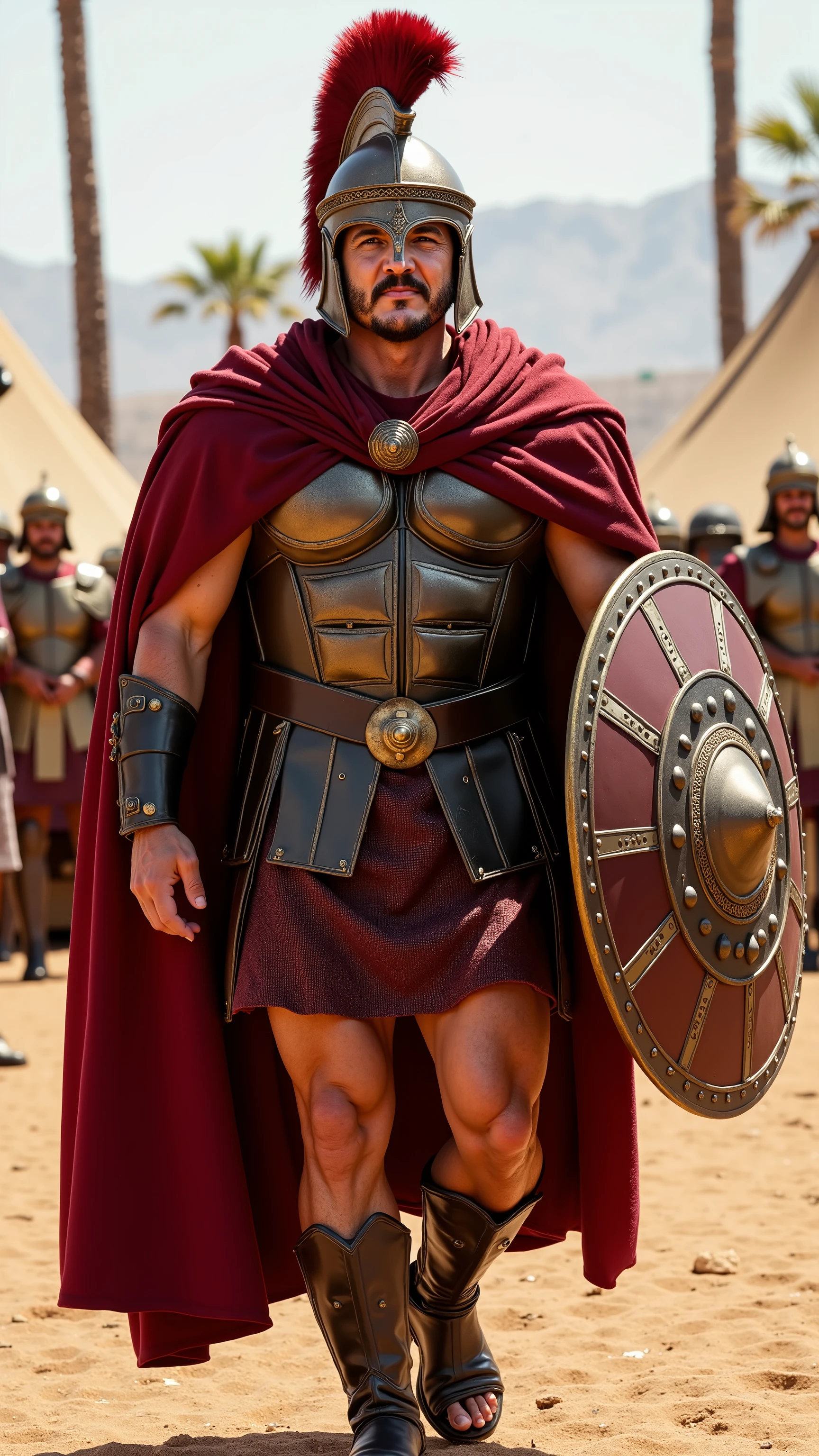 Pedro Pascal reimagined as Gladiator walking and holding a round Roman shield, 1 male, short dark curly hair, defined jawline, thick beard, tanned skin, Roman centurion armor with red plumed helmet, sculpted leather cuirass, fur-lined cape, golden chest plates. In his hands he holds a round Roman shield with battle damage and iron studs, shows his male character's full figure, athletic body, perfect face, full body, extremely beautiful, god, male shape, perfect anatomy, the background showcases a desert encampment with Roman tents, palm trees, and distant mountains on a sunny day, luxurious and appropriate to the era and style, photorealistic, masterpiece, realistic, high contrast, 8k, HD, high definition detailed, detailed, hyper detailed, realistic skin texture, best quality, ultra high resolution, hyper realistic, no text, very detailed eyes, dramatic lighting.