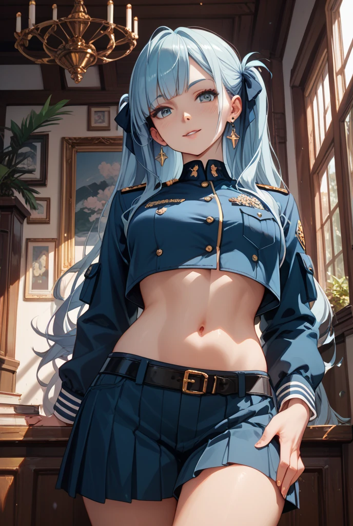 (best quality:1.5, highres, UHD, 4K, detailed lighting, shaders), best quality eyes, perfect hands, perfect finger, blue floral haired, gradient hair, big breasts, blue bra, big thighs, big butt, blue jacket, blue long pants, mature woman , (pov), black background, colorful eyeshadow, dramatic lighting, sparkling eyes, sensual expression, golden earrings, flowing hair, delicate facial features, dark skin, high cheekbones, urban setting, full body, black background, dont look for the camera, lean forward, behind the camera