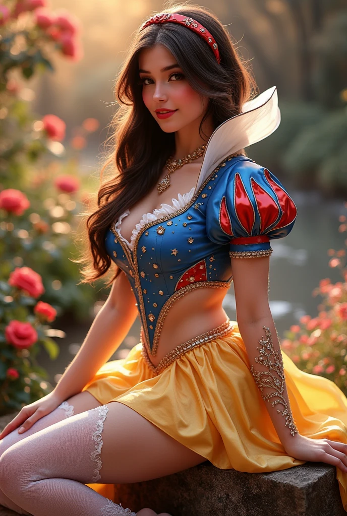 Brunette influencer, Cosplay as Snow White outfit, pulling up her dress dress revealing cute cotton panties, cute smile