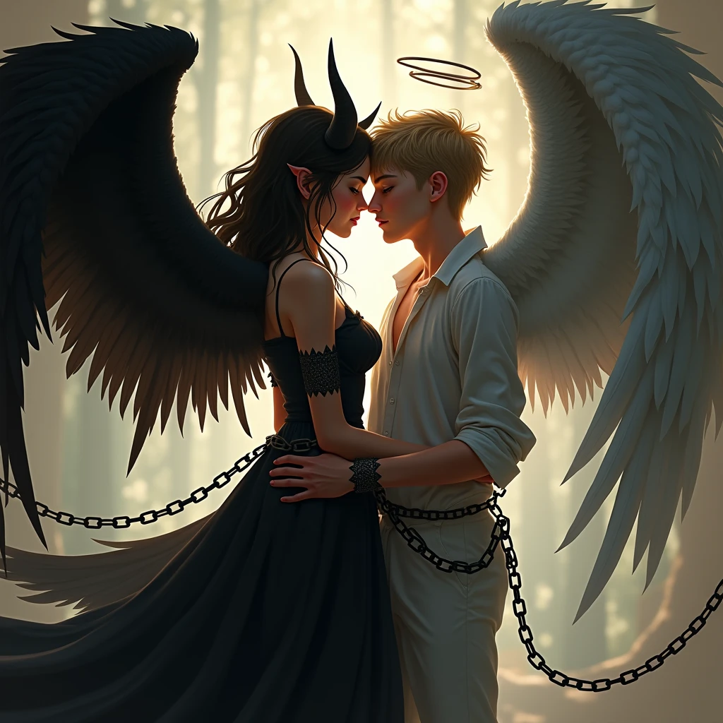 A white angel handsome female high abs gentle big wings, A black demon female cute big-breasted demon with small wings, Dynamic perspective, Mouth-to-mouth kissing，High definition, --auto