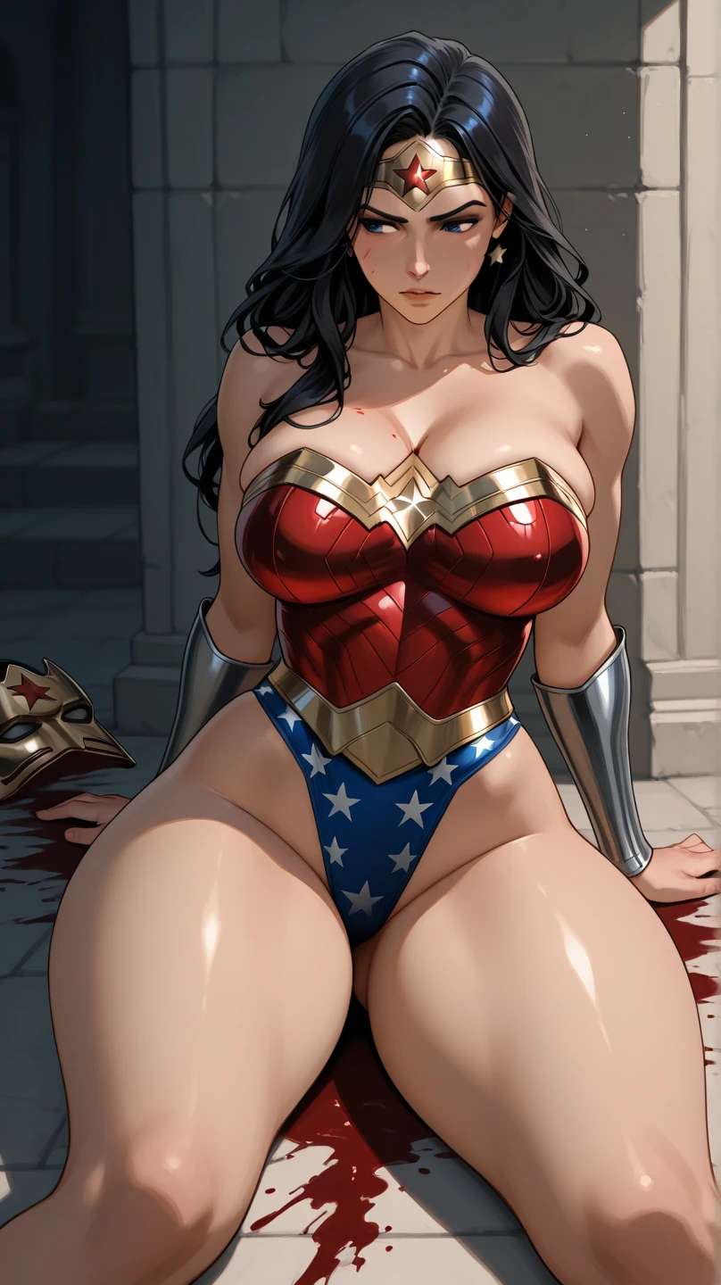 a cartoon of a woman, barefoot, posando, commission for high res, Wonder Woman, comic pinup style, giantess art, Thick, thicc thighs!!!, commission for, oc commission, fullbody commission for, sww version, thicc thighs!!!!!!, by Randy Vargas, by Yoshihiko Wada, by Kentaro Miura, bare thicc thighs!!! Expression of fear, expression of despair, terrified. Bondage, submission, tied with ropes. screaming in pain, suffering a lot, destroyed, HUMILIATED, captured and raped by bandits, raped, degraded, degrading, degradation, depravation. ((abandonned,in the hiding place of your cruel enemy)). forced into prostitution