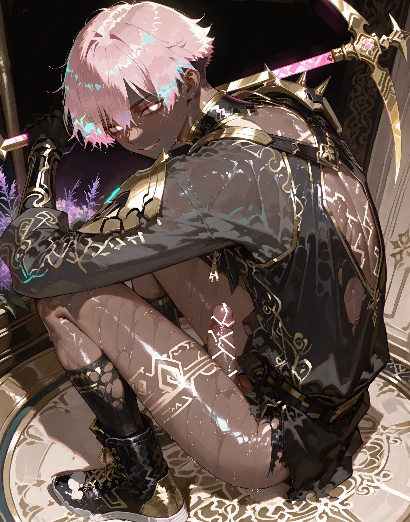 fantasy outfits, holographic, alternative-style. manly skinny tall tanned black skin boy mixed-race black skinned skinny young boy with freckles, glowing clear glossy wet shiny skin, short spiky lavender and salmon pink hair , black trimmed undercut taper sides and back behind hair, and fully godly white bright eyes no pupils, baggy gi monk combat lavender shirt with black sleeves with magical armor around him, boy gold trim, with no pants or shorts naked with penis dent with gold accents and armor, anime-style, detailed and bright holographic, tone, in a fighting combat pose holding a obsidian gold and black big massive pixel minecraft pickaxe standing fighting pose very shiny skin, with lavender white torn socks with gold trims, fantasy holographic, combat high boot torn wrecked sneakers, in the luxury room vibrant background, very hot manly happy face,