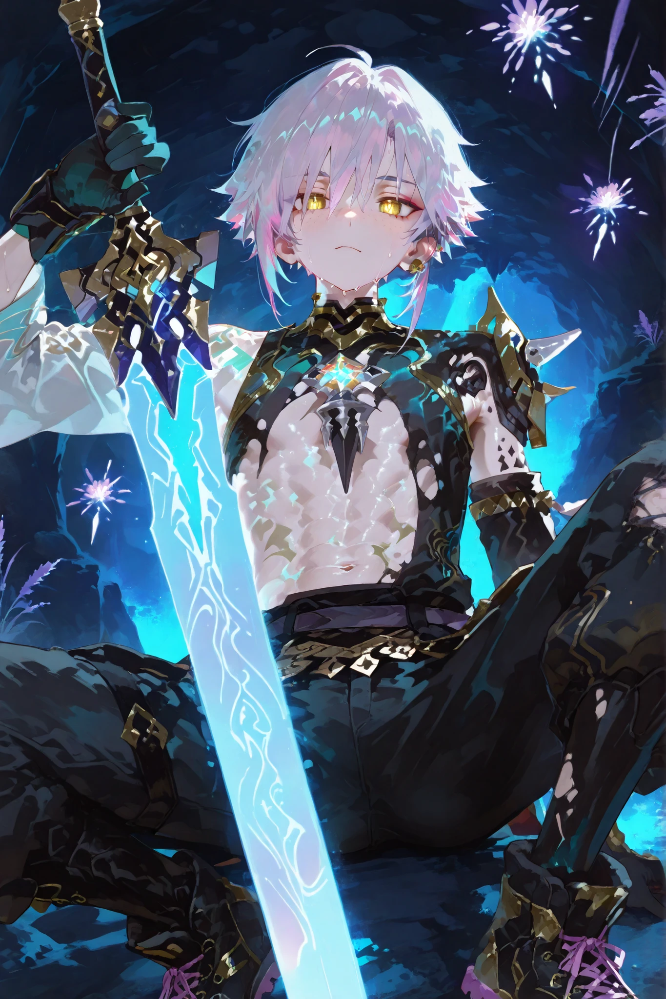 fantasy outfits, holographic, alternative-style. manly skinny tanned black skin boy mixed-race black skinned skinny young boy with freckles, glowing clear glossy wet shiny skin, short spiky lavender and salmon pink hair , black trimmed undercut taper sides and back behind hair, and gold bright neon eyes, baggy combat gi monk combat torn lavender trims shirt with black sleeves revealing abs and chest, boy gold trim, with cargo amored black cargo oversized baggy torned pants with gold accents and armor, anime-style, detailed and bright holographic, tone, in a fighting combat pose holding a obsidian purple and black big massive sword pose, very shiny skin, with lavender white torn socks with gold trims, fantasy holographic, combat high boot torn wrecked sneakers, in the cave vibrant background, very hot manly face, front view, Sweating alot. spread legs