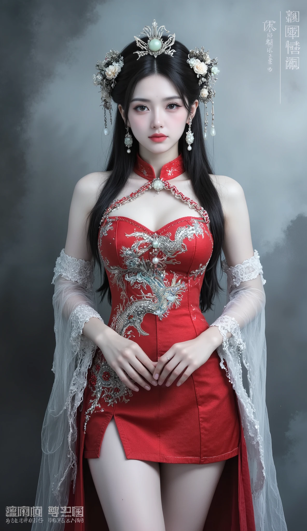 masterpiece, Best Quality, 1 girl, wearing gorgeous traditional Chinese clothing,(((ultra-short hip skirt:1.0))), The red tapestry fabric,with exquisite dragon and phoenix embroidery, Pearls and gemstones, with delicate knots on the high neck,with elegant flower motifs, wearing gorgeous phoenix crowns and jade hairpins, White as porcelain, elegant and noble expression, standing gracefully straight, Expose two-thirds of the chest ,show thighs,washing animation in Chinese ink style, highly detailed, 8k resolution, movie lights.
