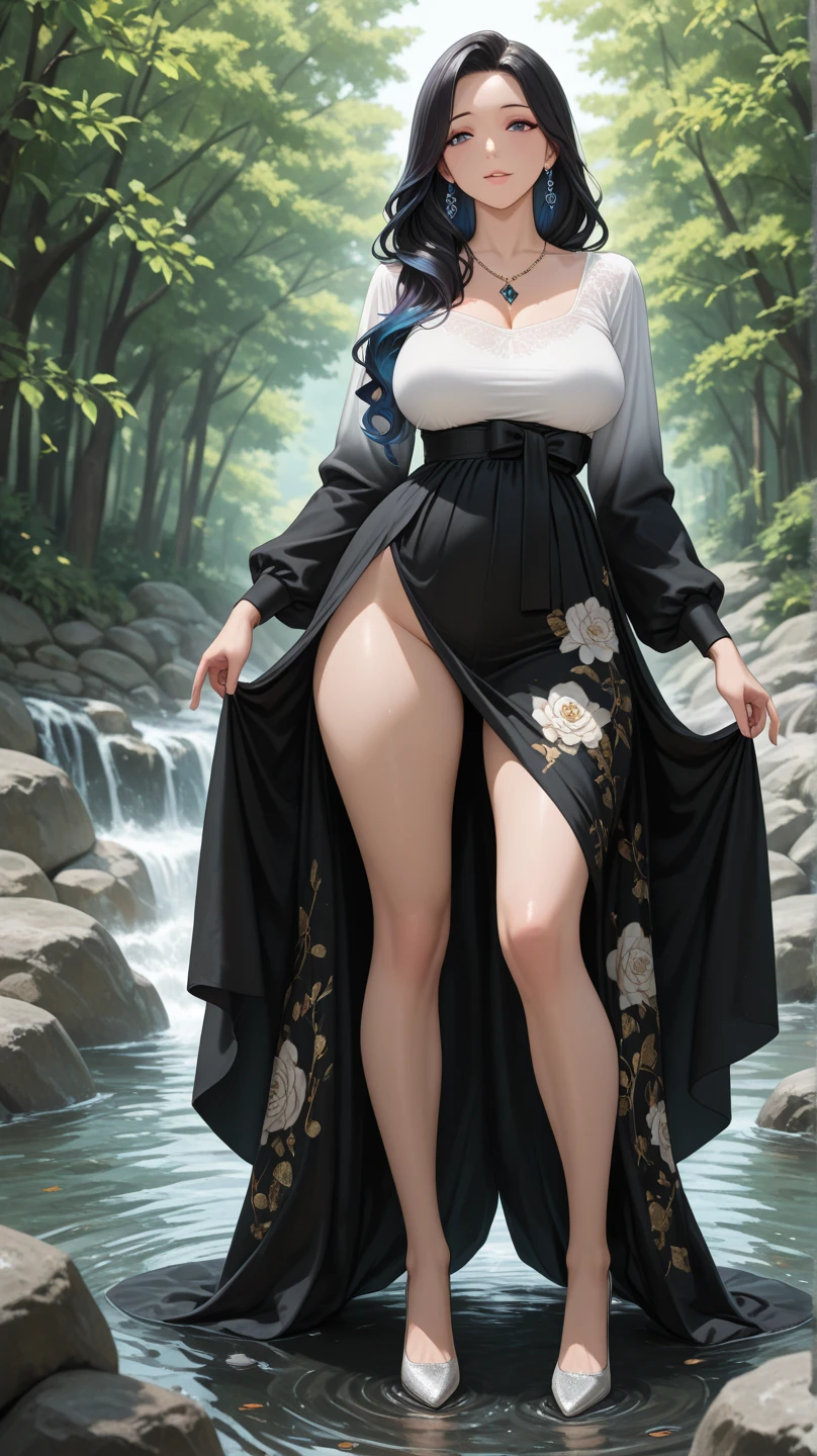 1 female,35 years old,Slim,Very large ,Big breasts and thin waist,Long legs, solitary,(background:,Cherry Blossom Forest,Rainforest)Standing in the forest, She has long black hair,Front view, curls,Cloudy sky,(((masterpiece),(Highly detailed CG Unity 8k wallpaper),best quality,Light,详细background,Beautiful and delicate eyes,smart student,black eyes,Snow white skin,red lips(Very delicate and beautiful),(Beautiful and detailed description of the eyes),Super detailed,masterpiece,))face camera,high resolution,Super detailed),Naked high school student,White shirt
