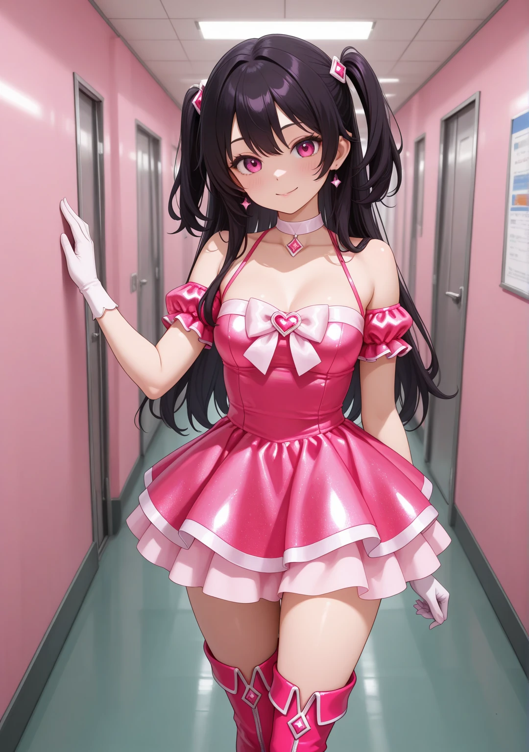 menina em、COMO-、underwear、Beautiful pink latex technological dress、on a spacestation, Retrato da parte superior do corpo、Estilo anime, aesthetic, 8k